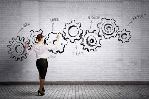 Businesswoman standing with back and drawing gear mechanism on wall